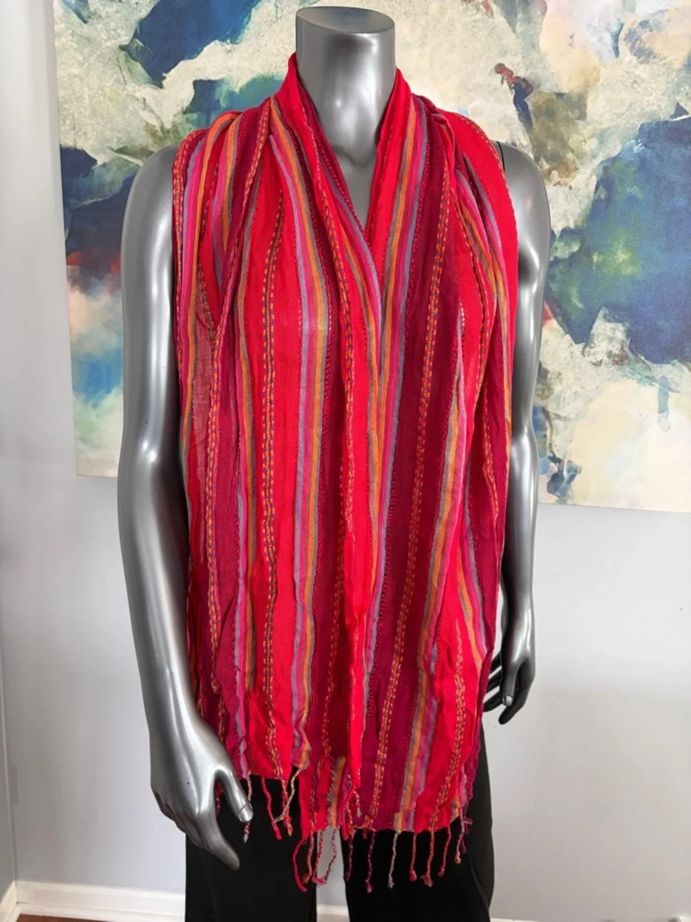 Vibrant Red Striped Women's Scarf, Shoulder Wrap, Or Hijab